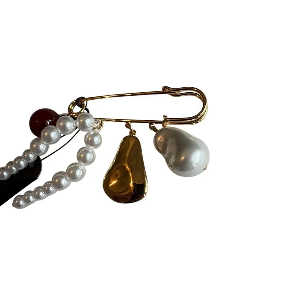 Aqua Gold Tone Pearl Charm Safety Pin Brooch NWT